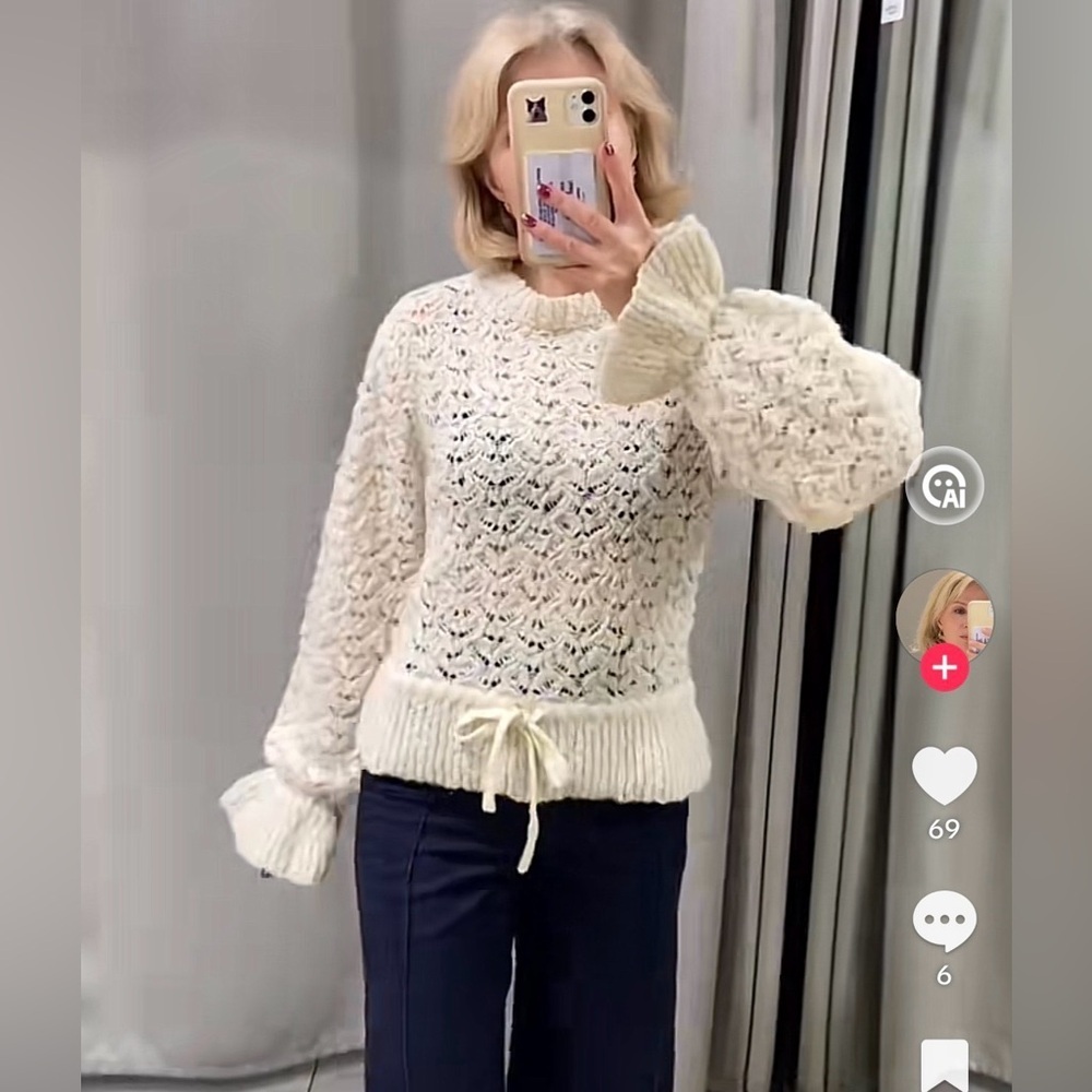 NWT Zara Romantic Openwork Knit Sweater Wool Ruffle Sleeves Small